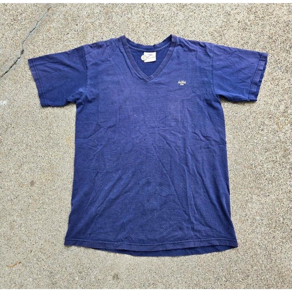 Vintage 90s Nike Small Logo V Neck T Shirt Navy Sz Med Made USA Grunge
